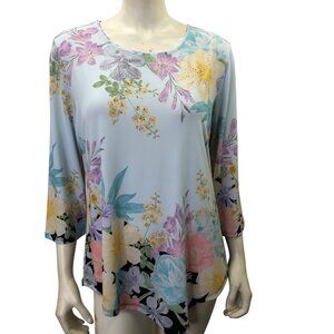Allison Daley Floral Print 3/4‎ Sleeve Light Blue Top Womens Size L NWT